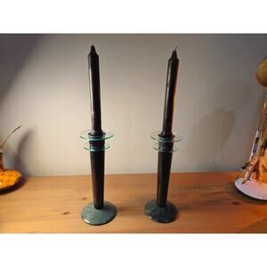 Vintage Pair of Memphis Post Modern 80's Glass and Marble Candle Stick Holders